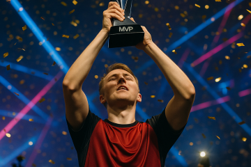 ropz lifts an MVP trophy on a neon-lit Rotterdam esports stage as gold confetti