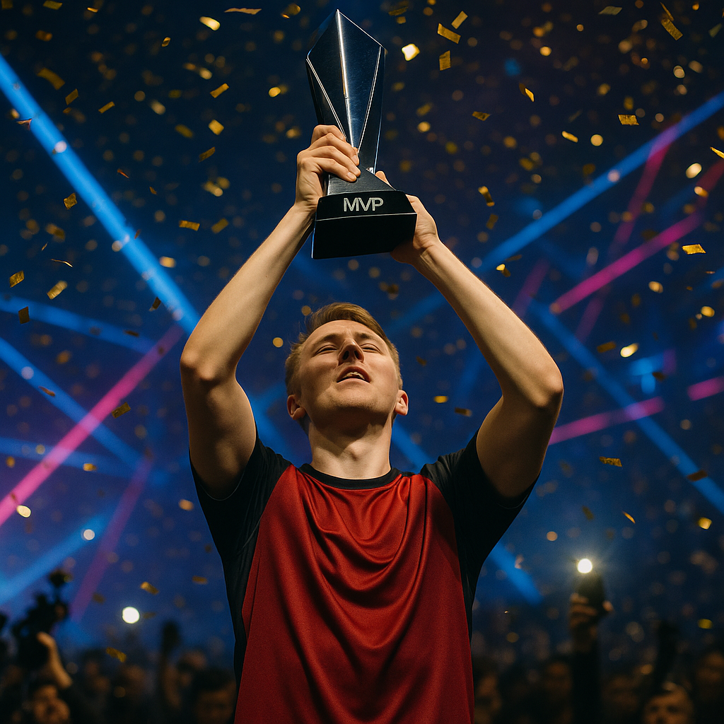 ropz lifts an MVP trophy on a neon-lit Rotterdam esports stage as gold confetti